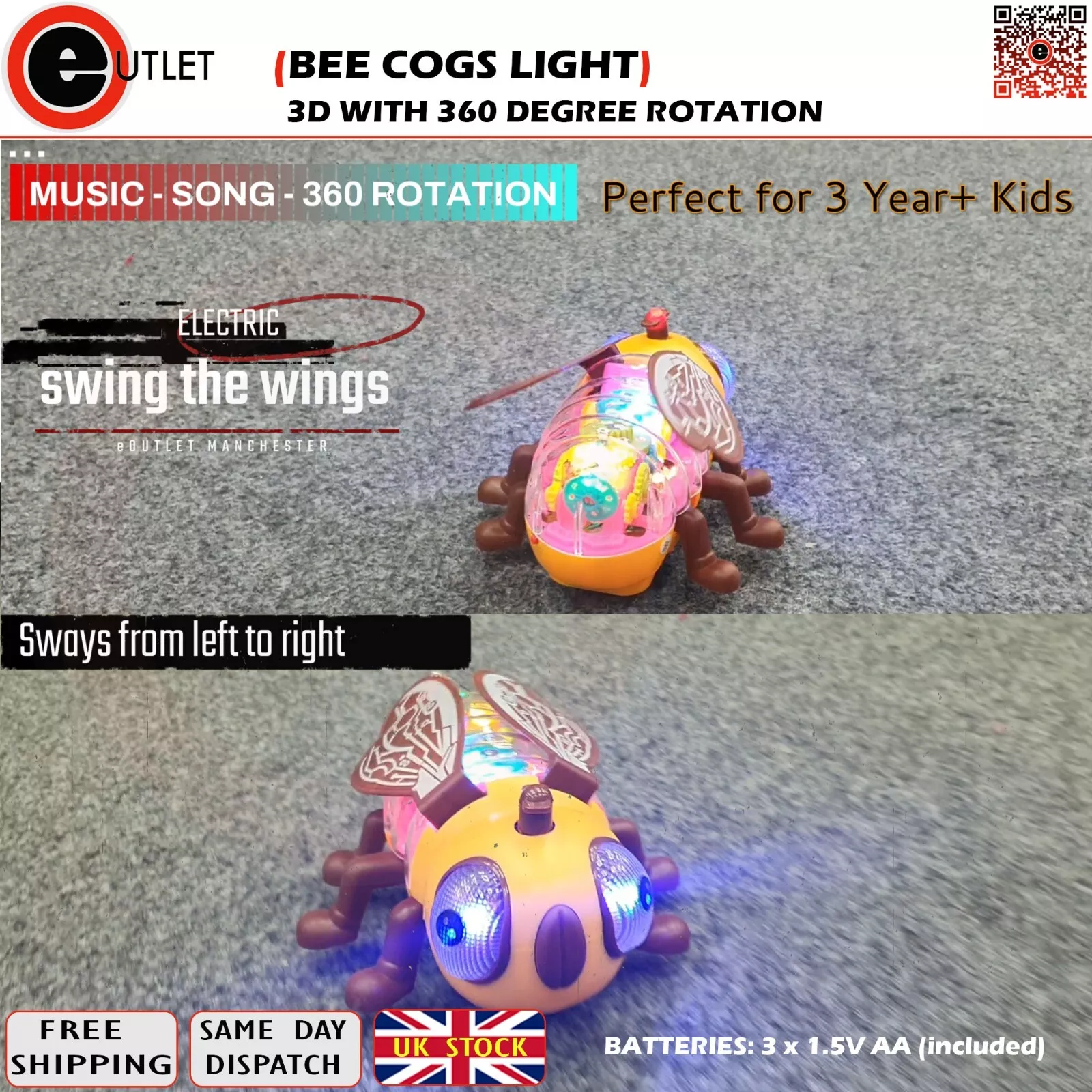 Bee cogs light toy music lights song 3d with 360 rotation free P&P