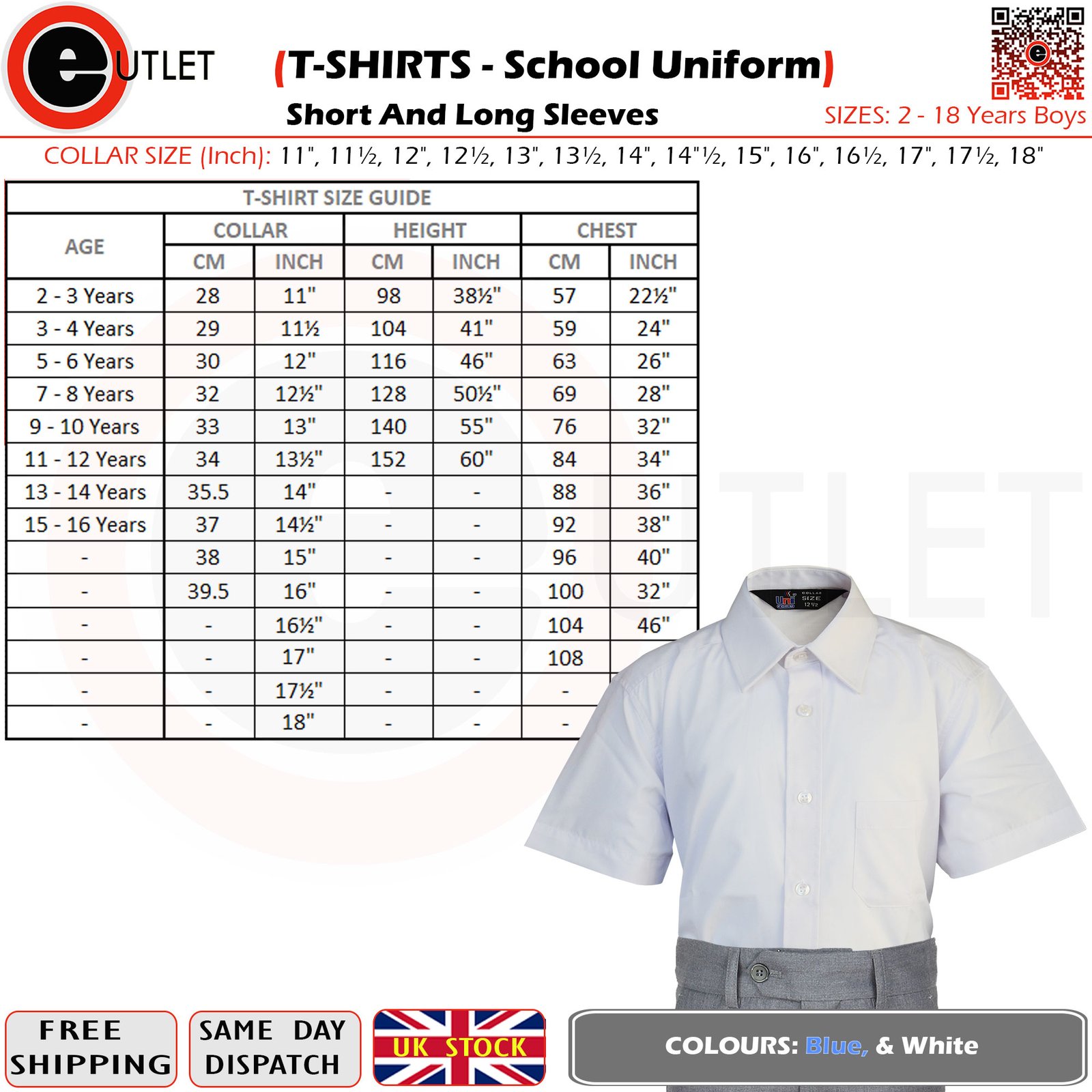 Boys T-Shirt School Uniform White Short Sleeve Polycotton Shirt Collar 11 TO 18