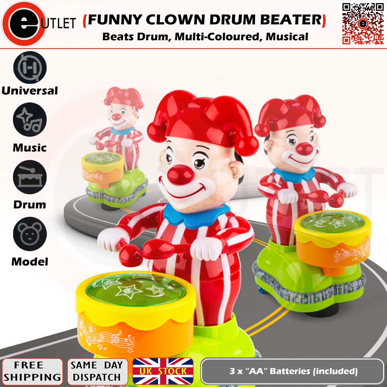 Funny clown drum beater toy multi led flash lights musical clown beats drum