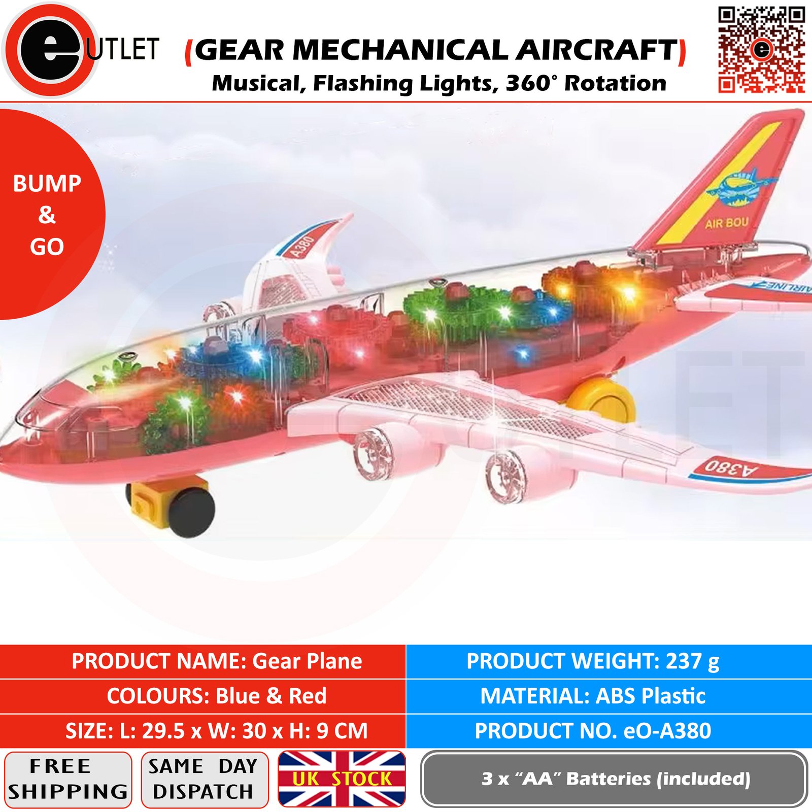 Gear plane transparent aircraft 360° rotation with flashing lights