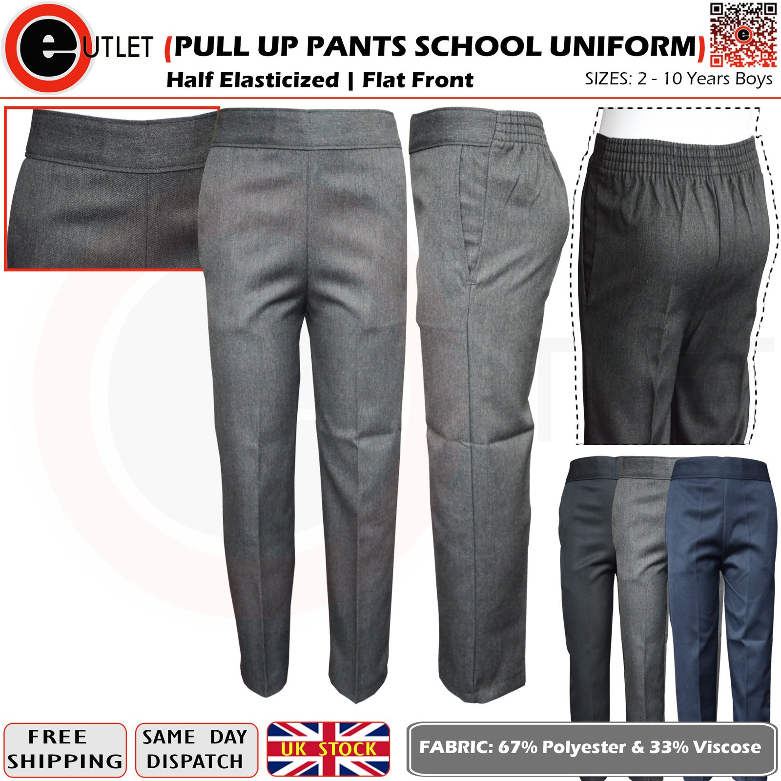 Pull-up Pants Full Length Half Elasticised School Uniform Teflon Trousers