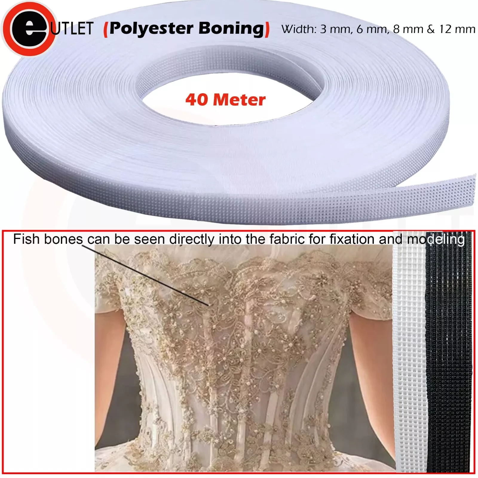 Polyester Boning Width 3 mm, 6 mm, 8 mm, 12 mm Choose Colour & Length Free P&P