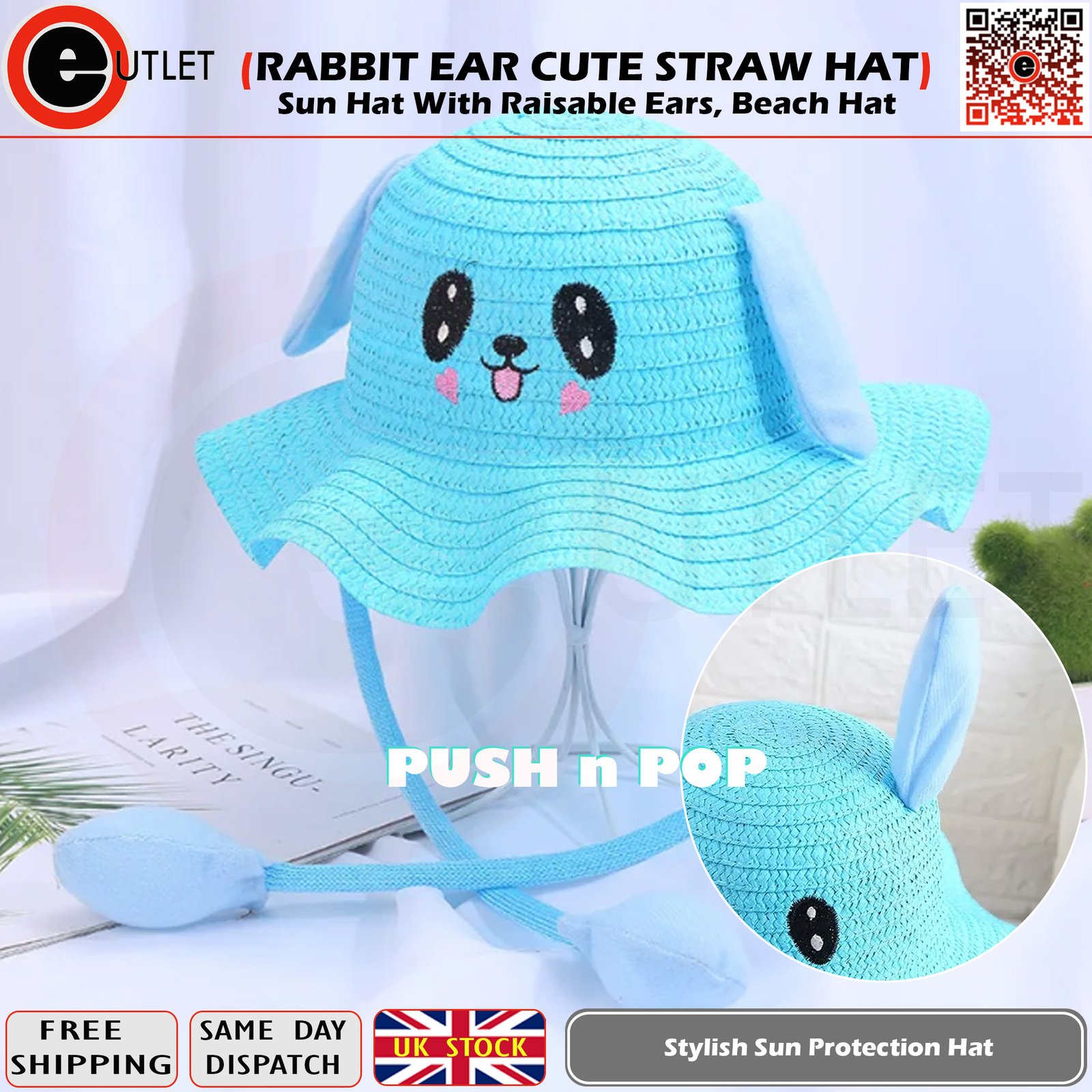 Cute straw hat | Rabbit ears | Push-n-pop | Beach hat