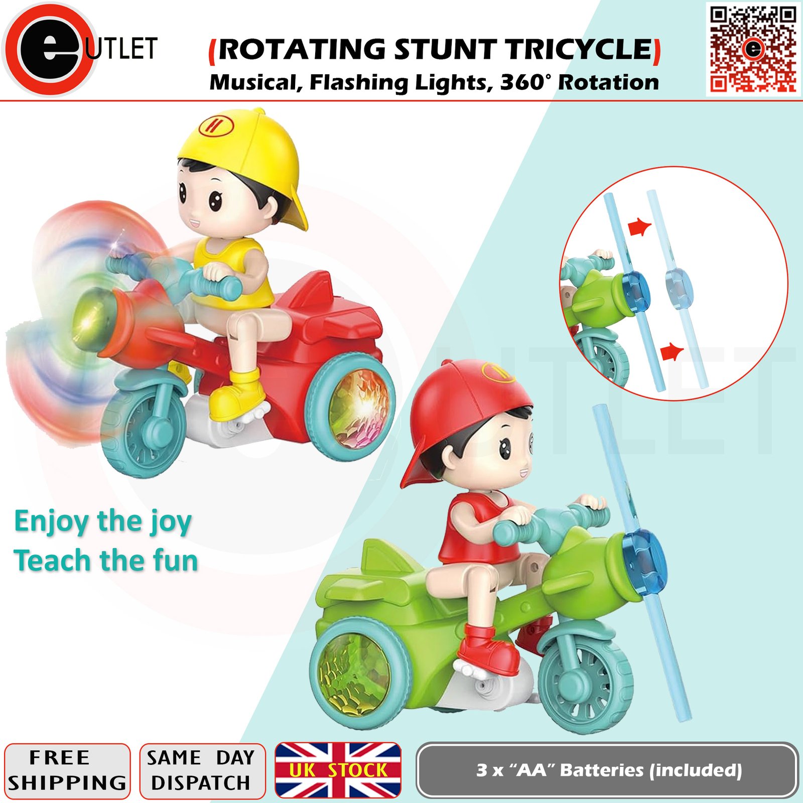 Electric 360° rotating stunt toy tricycle flashing lights & sound effects