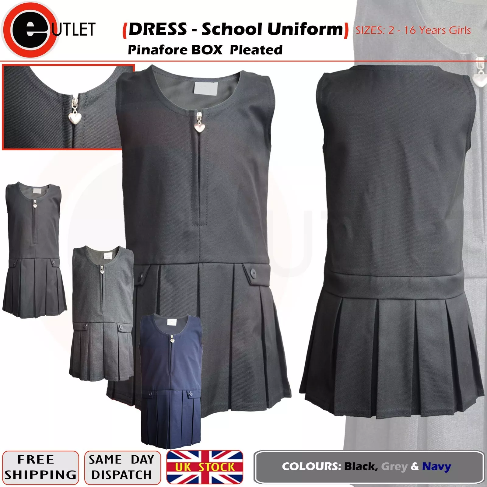 GIRLS PINAFORE BOX DRESS PLEATED AGES 2-18 SCHOOL UNIFORM BLACK GREY NAVY