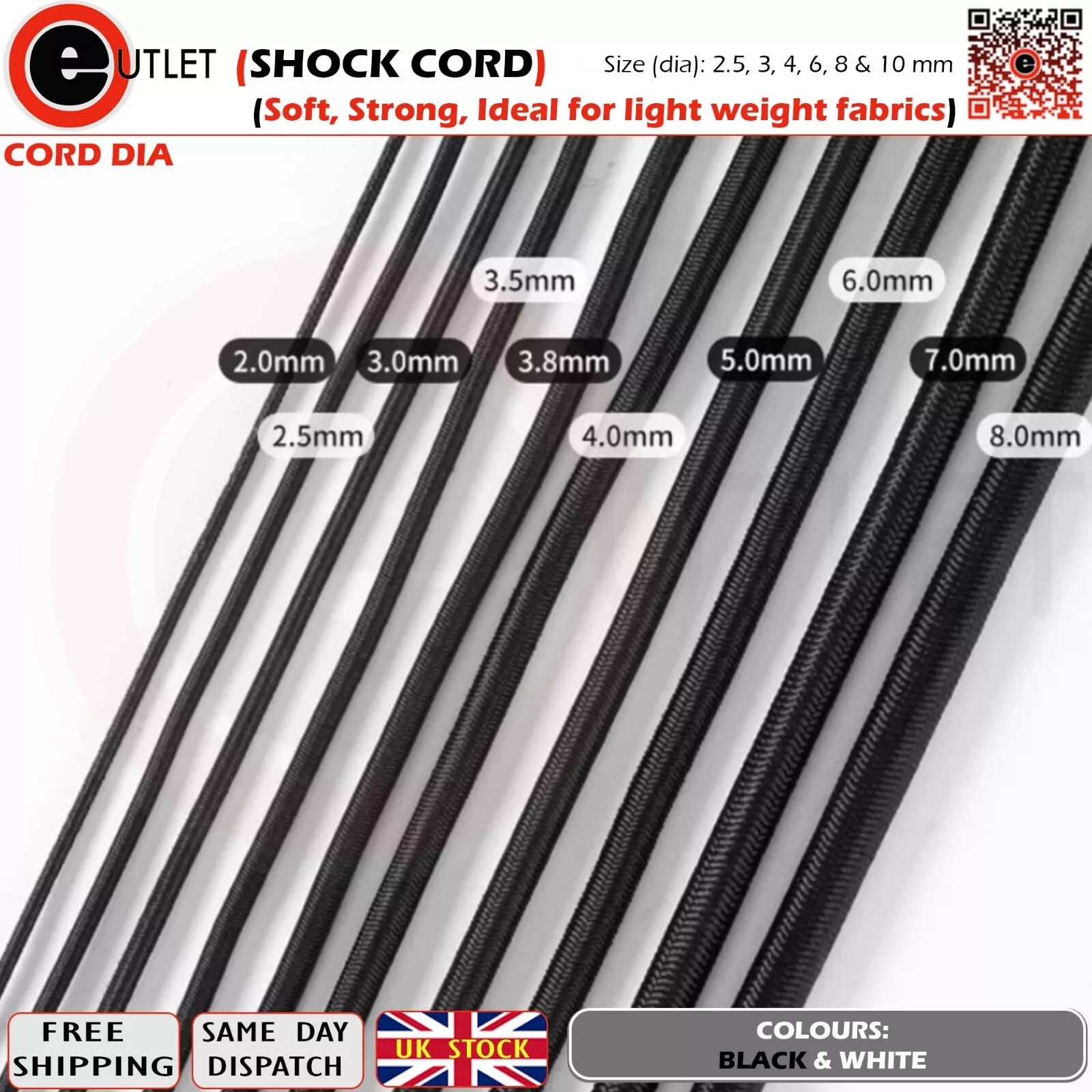 Bungee Cord Shock Cord Strong Elastic Cord 2.5 mm 3 & 4 mm Dia Pre-cut & Roll