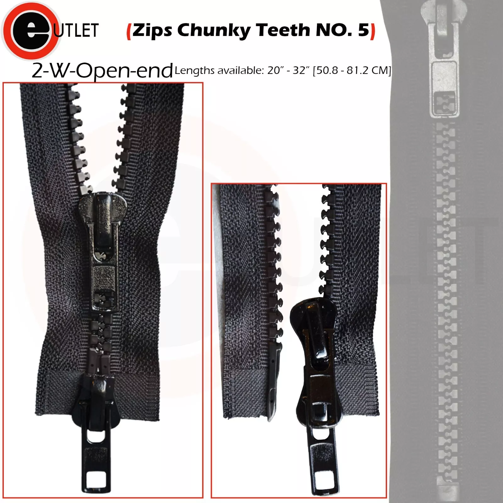 ZIPS CHUNKY TEETH PLASTIC CLOSE END OPEN END SLIDER NO 5 HEAVY DUTY 4″ TO 40″